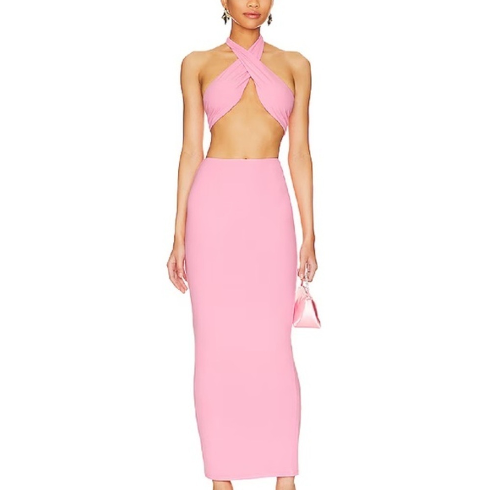 REVOLVE Pink Backless Halter Dress